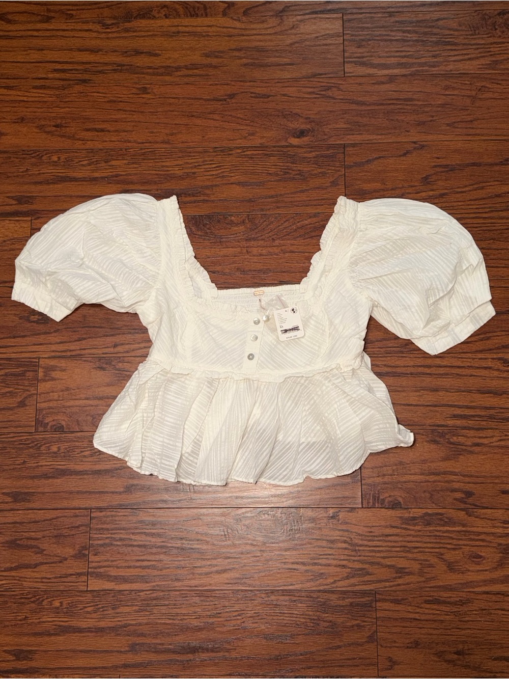 Free People White Puff-Sleeve Peplum Blouse Leave It To Me Cropped Top